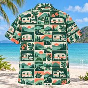 Back view of Tile Mosaic RV and Travel Trailer Hawaiian Shirt with matching rv and travel trailer artwork in deep green, mint, coral, ivory