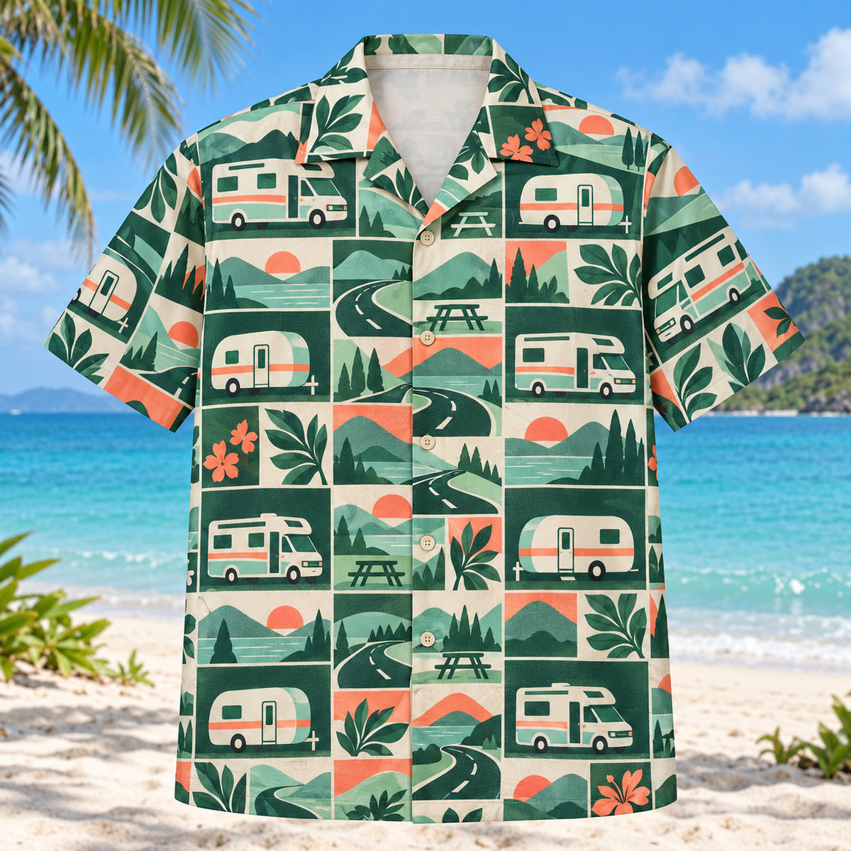 Front view of Tile Mosaic RV and Travel Trailer Hawaiian Shirt with structured geometric tiles alternating imaginary RVs and travel trailers, open roads, hills and picnic furniture and minimal leaves