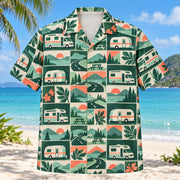 Front view of Tile Mosaic RV and Travel Trailer Hawaiian Shirt with structured geometric tiles alternating imaginary RVs and travel trailers, open roads, hills and picnic furniture and minimal leaves