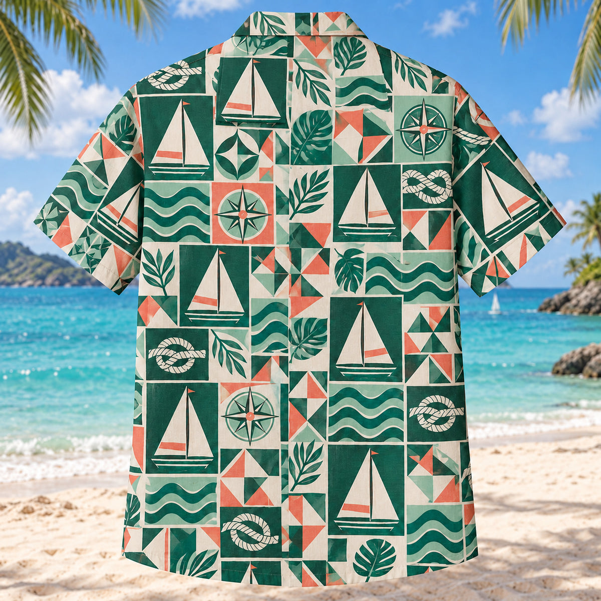 Back view of Tile Mosaic Sailing Hawaiian Shirt with matching sailing artwork in deep green, mint, coral, ivory