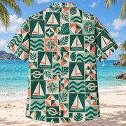 Back view of Tile Mosaic Sailing Hawaiian Shirt with matching sailing artwork in deep green, mint, coral, ivory