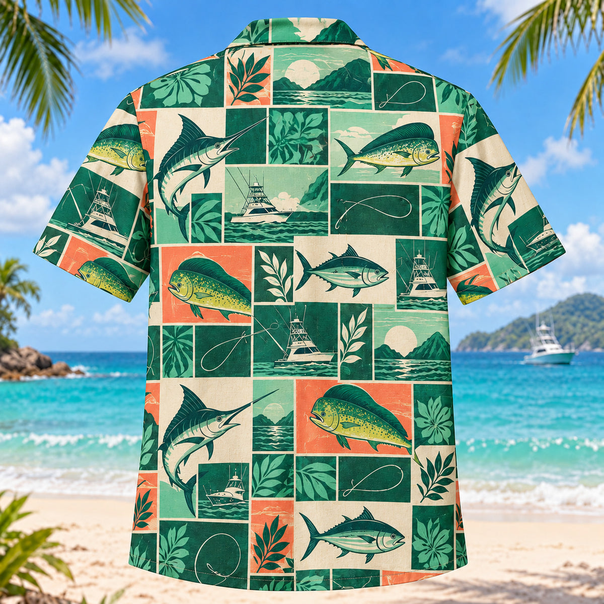 Back view of Tile Mosaic Saltwater Fishing Hawaiian Shirt with matching saltwater fishing artwork in deep green, mint, coral, ivory