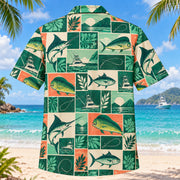 Back view of Tile Mosaic Saltwater Fishing Hawaiian Shirt with matching saltwater fishing artwork in deep green, mint, coral, ivory