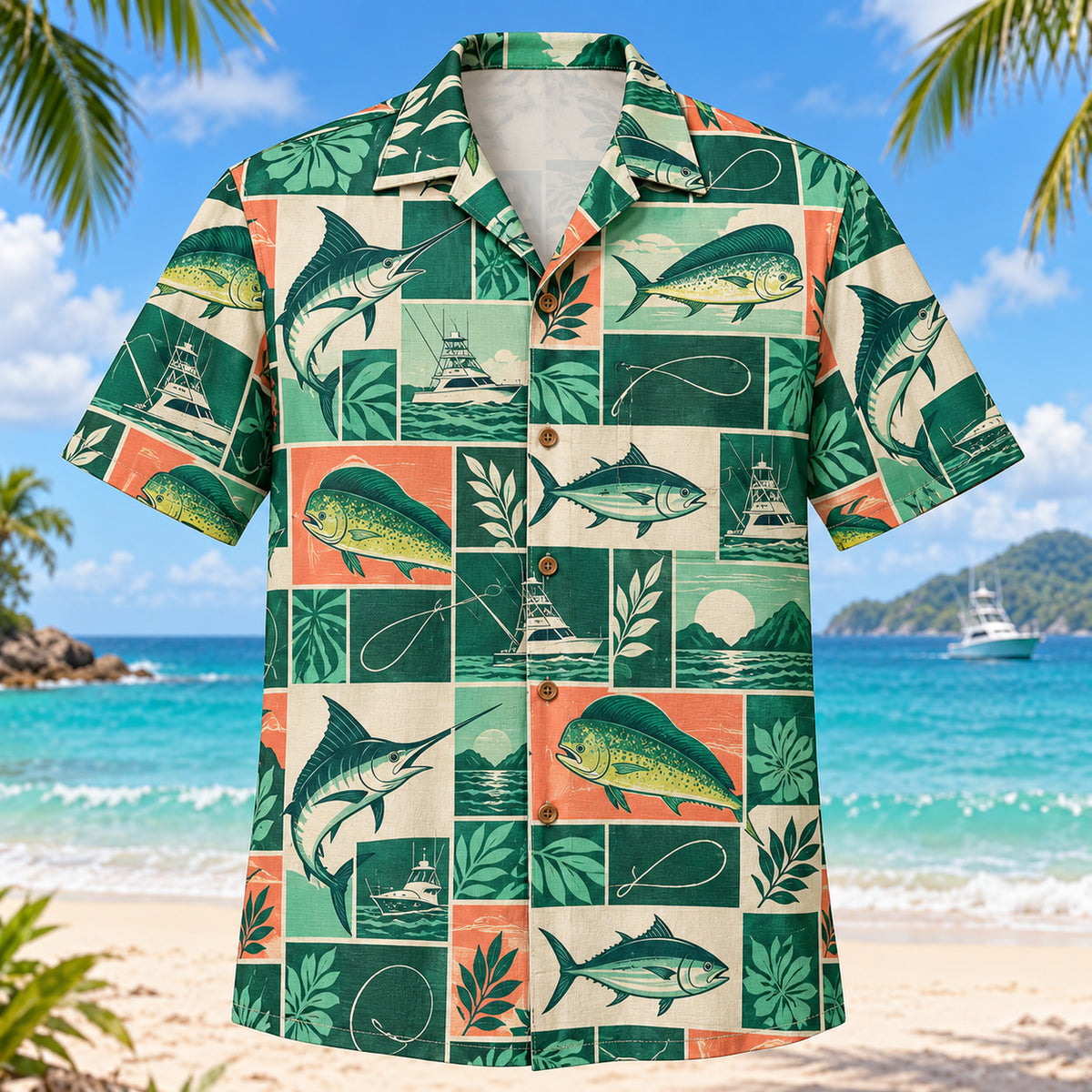 Tile Mosaic Saltwater Fishing Hawaiian Shirt