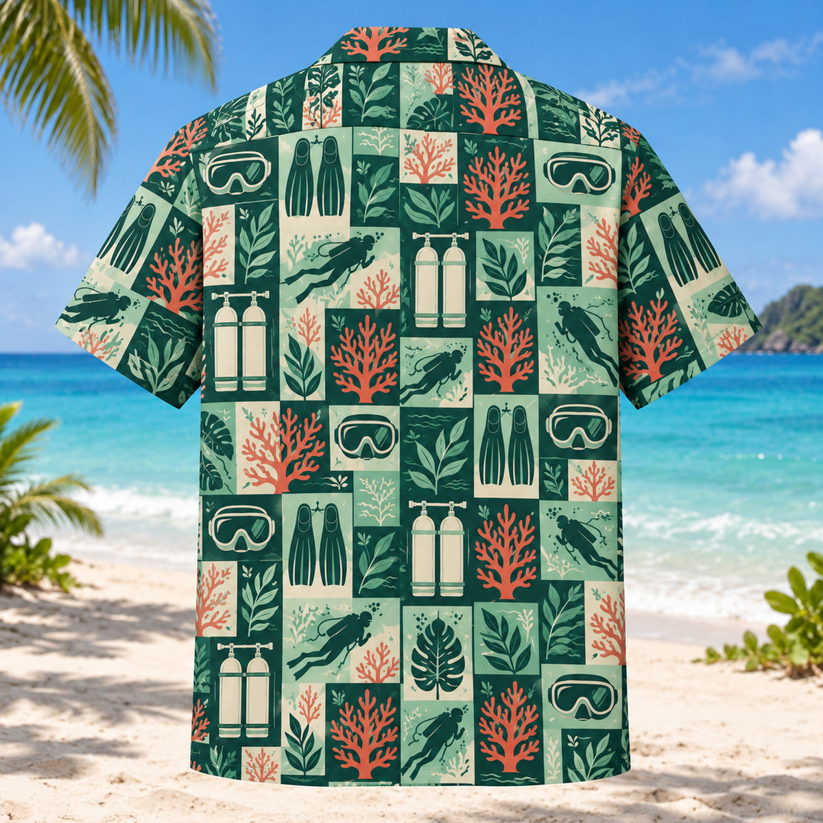Back view of Tile Mosaic Scuba Diving Hawaiian Shirt with matching scuba diving artwork in deep green, mint, coral, ivory