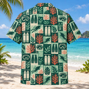 Back view of Tile Mosaic Scuba Diving Hawaiian Shirt with matching scuba diving artwork in deep green, mint, coral, ivory