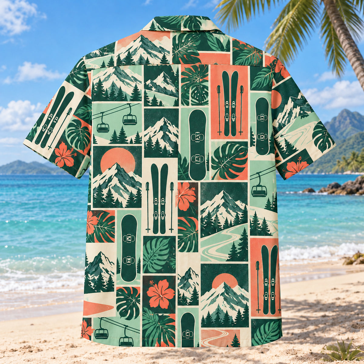 Back view of Tile Mosaic Ski and Snowboard Hawaiian Shirt with matching ski and snowboard artwork in deep green, mint, coral, ivory