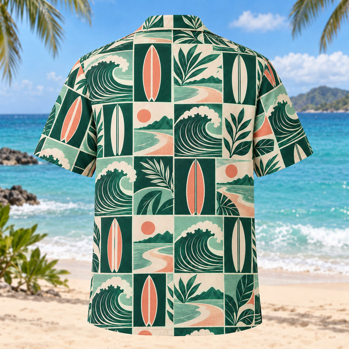Back view of Tile Mosaic Surfing Hawaiian Shirt with matching surfing artwork in deep green, mint, coral, ivory