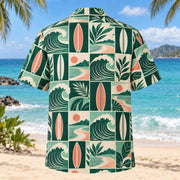 Back view of Tile Mosaic Surfing Hawaiian Shirt with matching surfing artwork in deep green, mint, coral, ivory