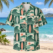 Front view of Tile Mosaic Surfing Hawaiian Shirt with structured geometric tiles alternating unbranded surfboards, rolling waves and curved shorelines and minimal leaves