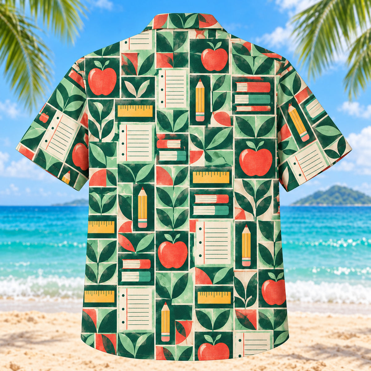 Back view of Tile Mosaic Teacher Hawaiian Shirt with matching teacher artwork in deep green, mint, coral, ivory