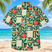 Back view of Tile Mosaic Teacher Hawaiian Shirt with matching teacher artwork in deep green, mint, coral, ivory