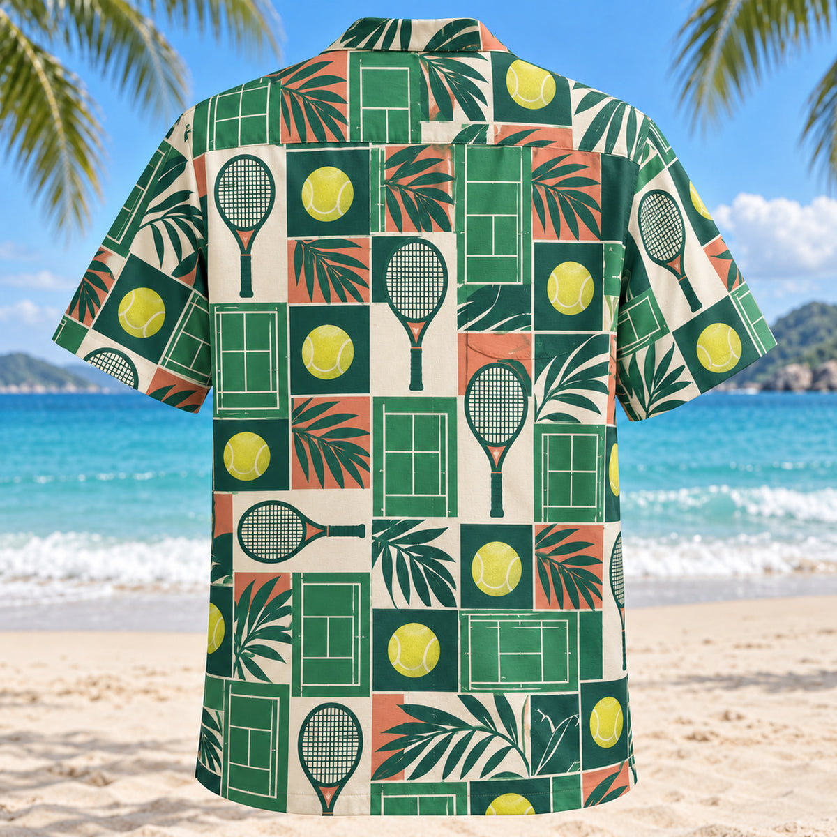 Back view of Tile Mosaic Tennis Hawaiian Shirt with matching tennis artwork in deep green, mint, coral, ivory