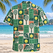 Back view of Tile Mosaic Tennis Hawaiian Shirt with matching tennis artwork in deep green, mint, coral, ivory