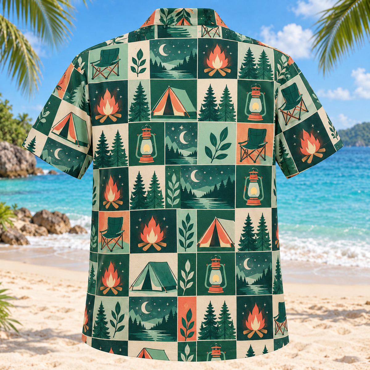 Back view of Tile Mosaic Tent Camping Hawaiian Shirt with matching tent camping artwork in deep green, mint, coral, ivory