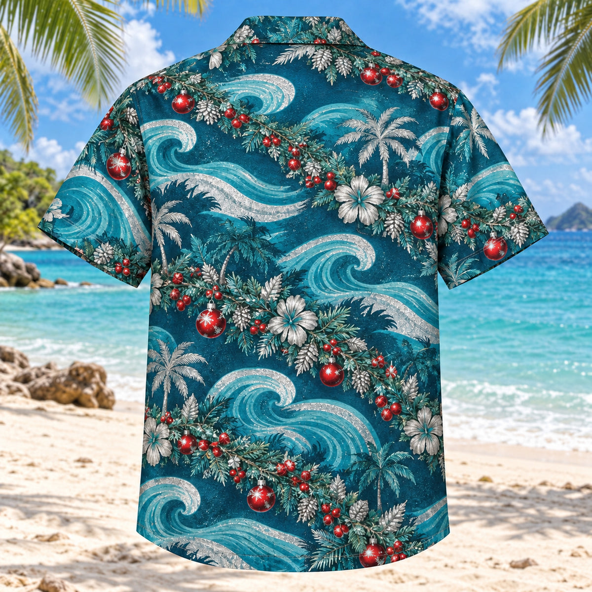 Back view of Tinsel Tide Christmas Hawaiian Shirt with matching artwork in teal, silver, red