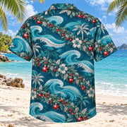 Back view of Tinsel Tide Christmas Hawaiian Shirt with matching artwork in teal, silver, red