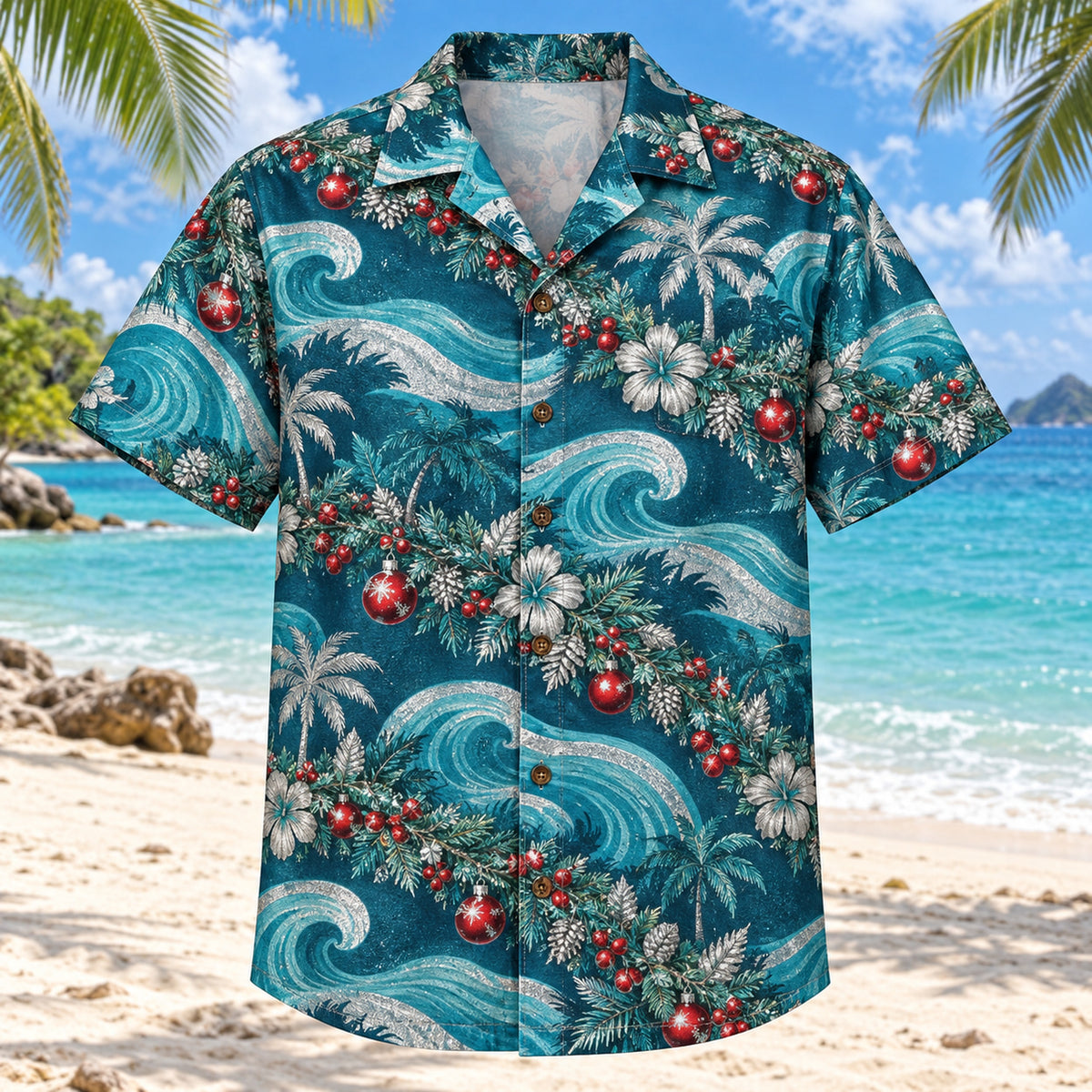 Front view of Tinsel Tide Christmas Hawaiian Shirt with abstract holiday garlands, sea waves and small ornaments