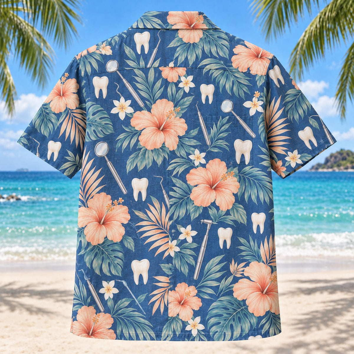 Back view of Tiny Teeth Dentist Hawaiian Shirt with matching artwork in denim, peach, ivory