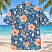 Back view of Tiny Teeth Dentist Hawaiian Shirt with matching artwork in denim, peach, ivory