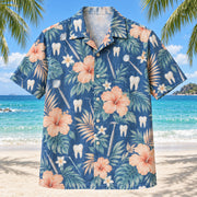 Front view of Tiny Teeth Dentist Hawaiian Shirt with original tiny teeth motifs, with tropical botanical accents; no text or branded equipment