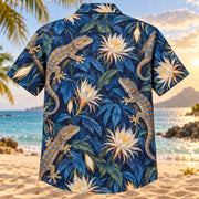 Back view of Tokay Gecko Night Reptile Hawaiian Shirt with matching artwork in blue, orange, indigo