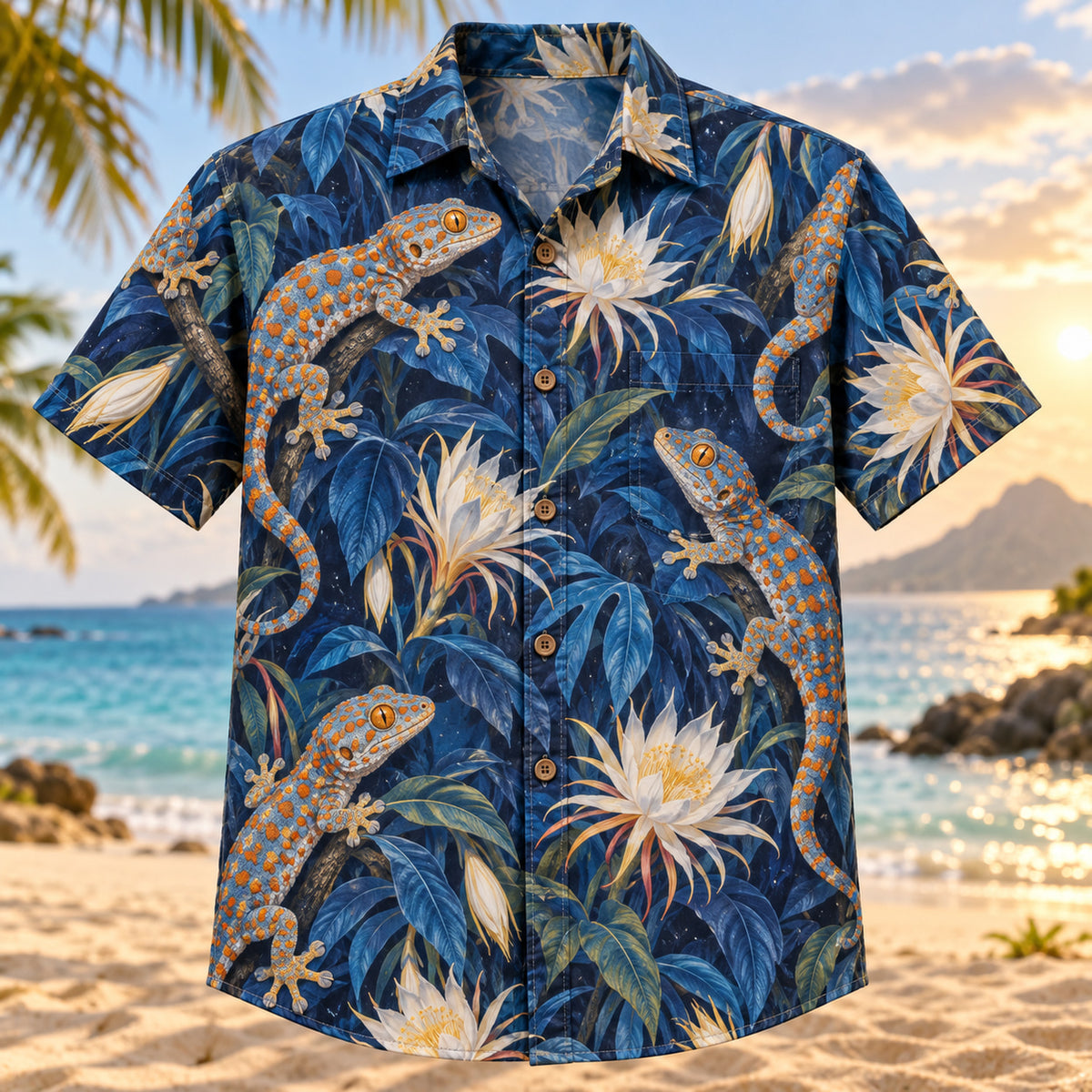 Front view of Tokay Gecko Night Reptile Hawaiian Shirt with tokay geckos among night blooming leaves