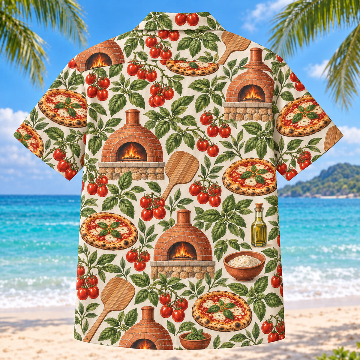 Back view of Tomato Basil Oven Home Pizza Making Hawaiian Shirt with matching artwork in terracotta, olive, ivory