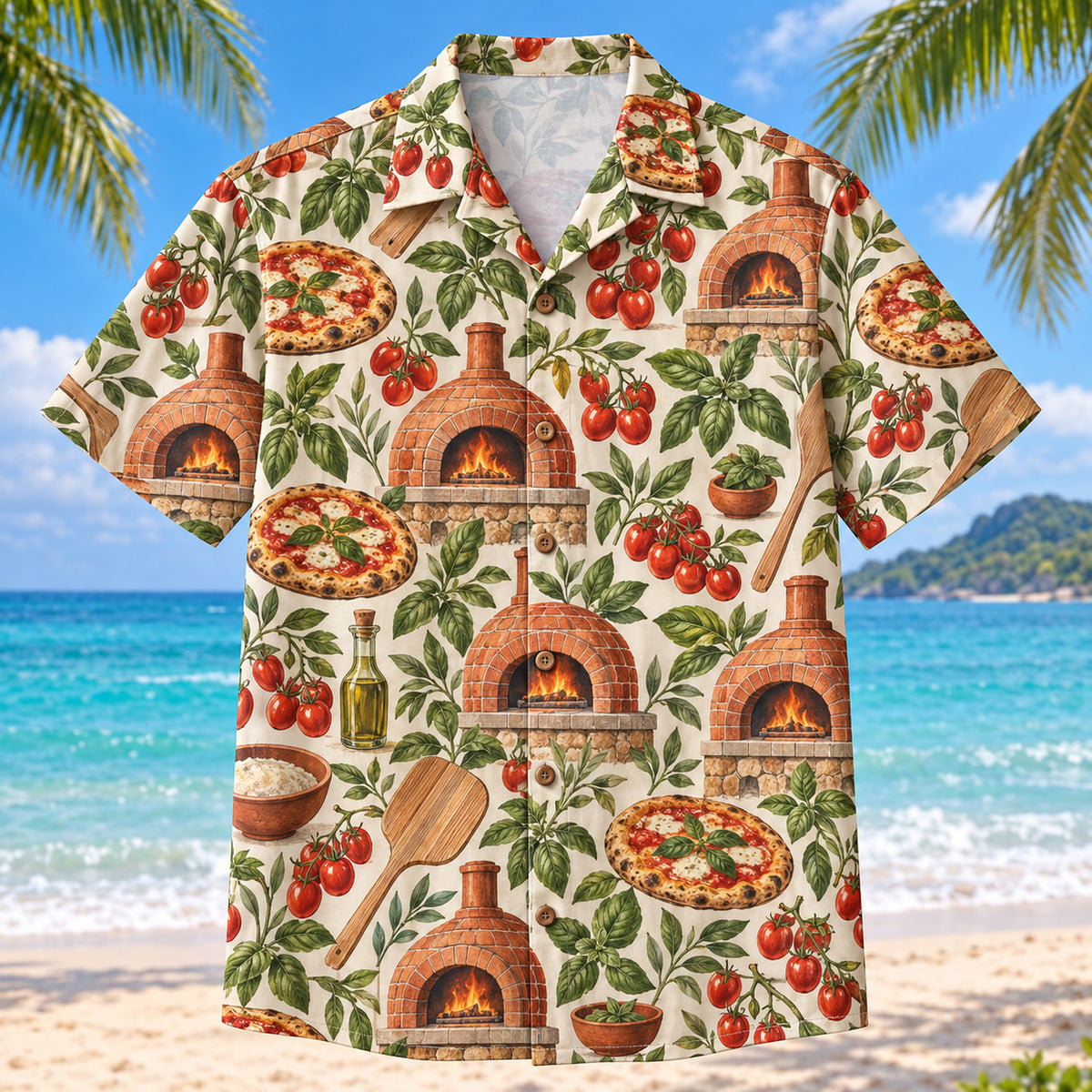 Front view of Tomato Basil Oven Home Pizza Making Hawaiian Shirt with original, text-free illustrations of fictional stone ovens, tomato vines and basil sprigs