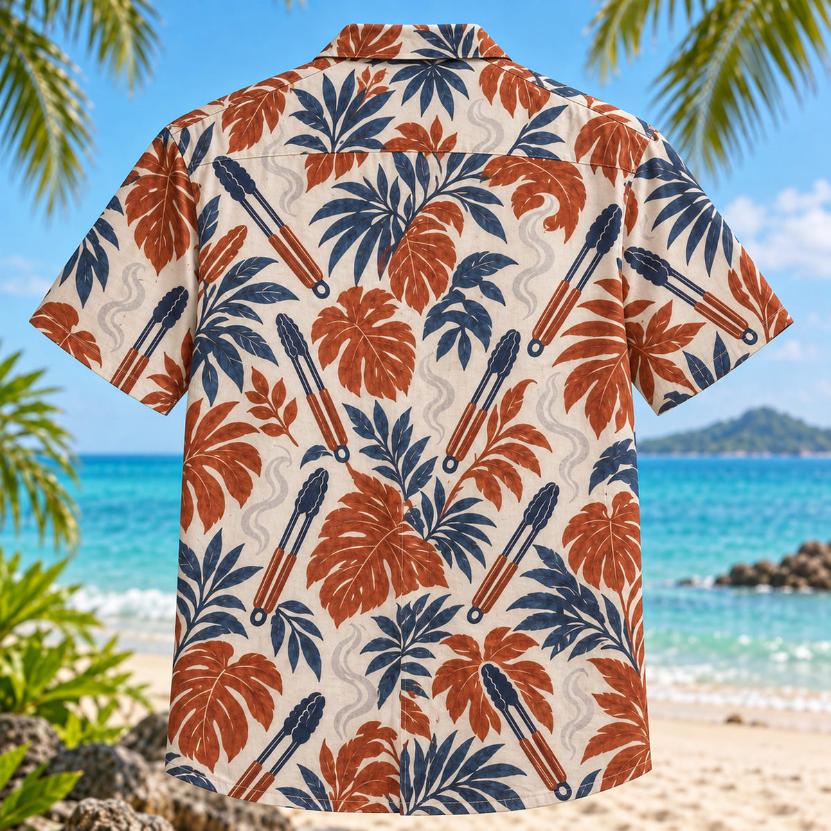 Back view of Tongs and Flame BBQ Hawaiian Shirt with matching artwork in rust, navy, cream