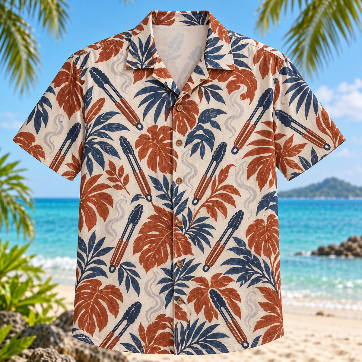 Front view of Tongs and Flame BBQ Hawaiian Shirt with generic grilling tongs and gentle smoke among leaves