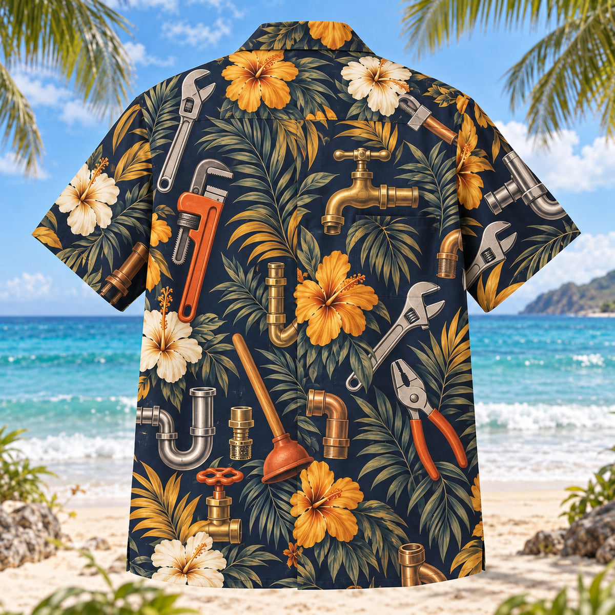 Back view of Tool Kit Plumber Hawaiian Shirt with matching artwork in midnight, amber, ivory