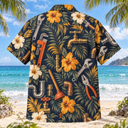 Back view of Tool Kit Plumber Hawaiian Shirt with matching artwork in midnight, amber, ivory