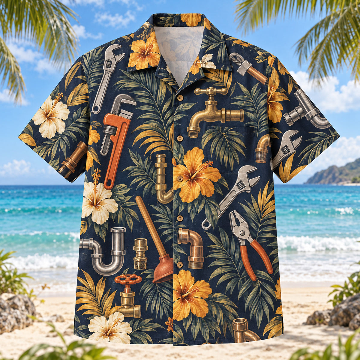 Front view of Tool Kit Plumber Hawaiian Shirt with original tool kit motifs, with tropical botanical accents; no text or branded equipment