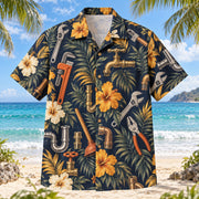Front view of Tool Kit Plumber Hawaiian Shirt with original tool kit motifs, with tropical botanical accents; no text or branded equipment
