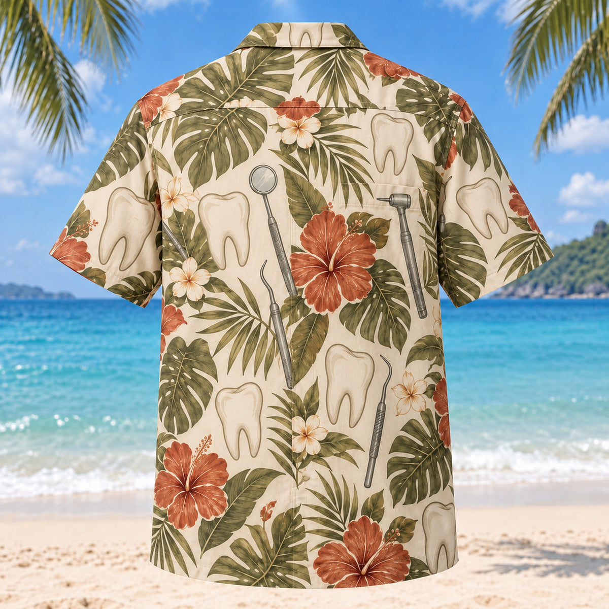 Back view of Tooth Geometry Dentist Hawaiian Shirt with matching artwork in olive, cream, terracotta