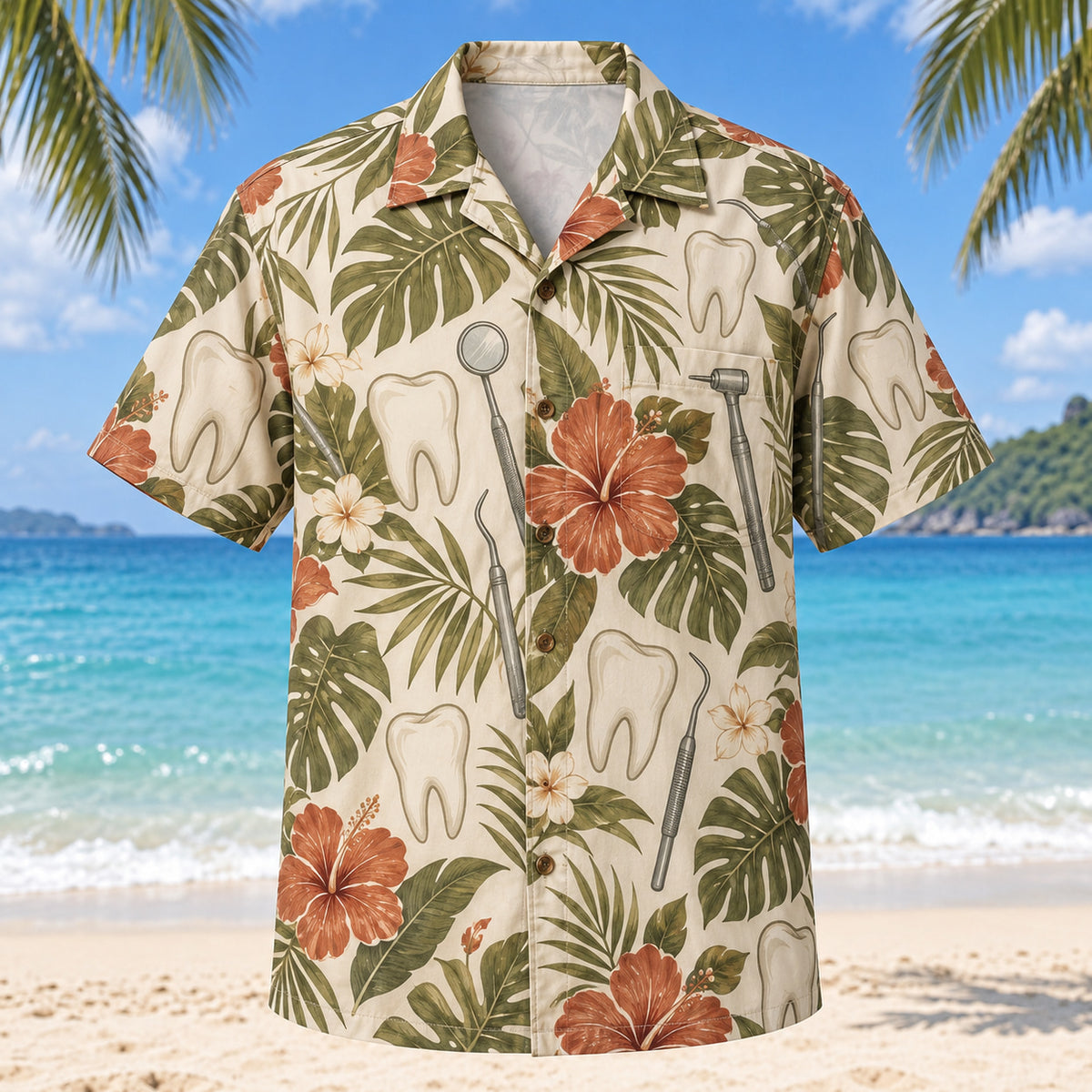 Front view of Tooth Geometry Dentist Hawaiian Shirt with original tooth geometry motifs, with tropical botanical accents; no text or branded equipment