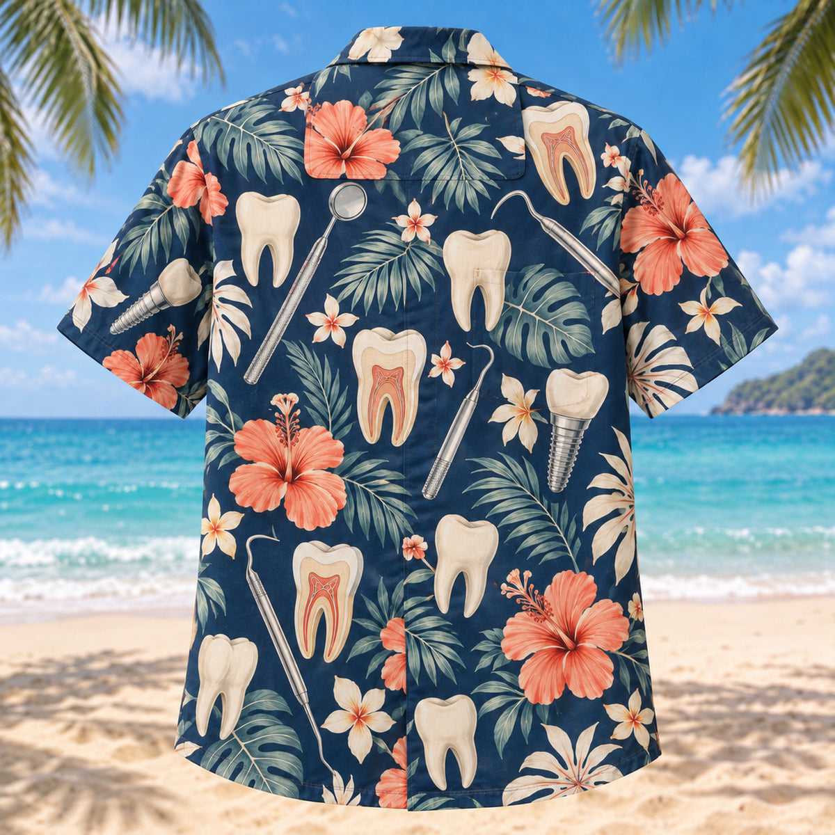 Back view of Tooth Study Dentist Hawaiian Shirt with matching artwork in navy, cream, coral