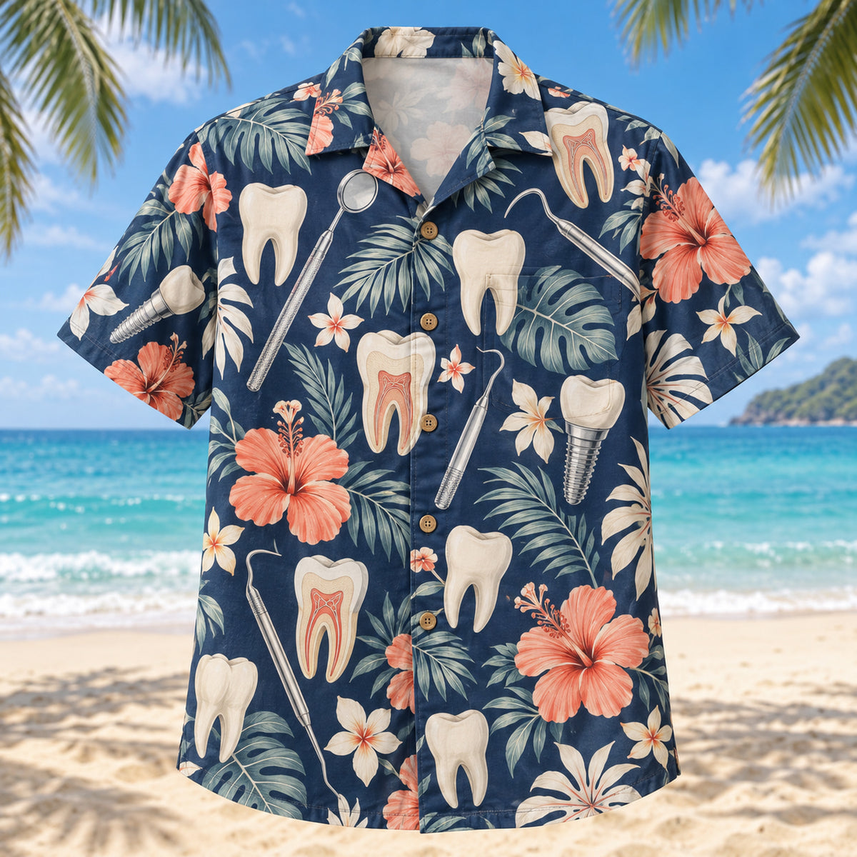 Front view of Tooth Study Dentist Hawaiian Shirt with original tooth study motifs, with tropical botanical accents; no text or branded equipment