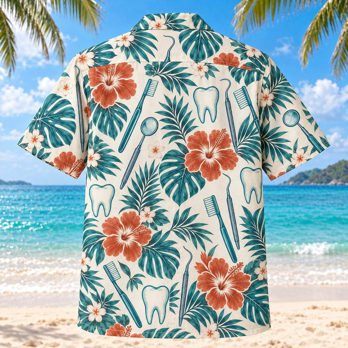 Back view of Toothbrush Dentist Hawaiian Shirt with matching artwork in teal, ivory, rust