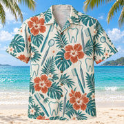 Front view of Toothbrush Dentist Hawaiian Shirt with original toothbrush motifs, with tropical botanical accents; no text or branded equipment