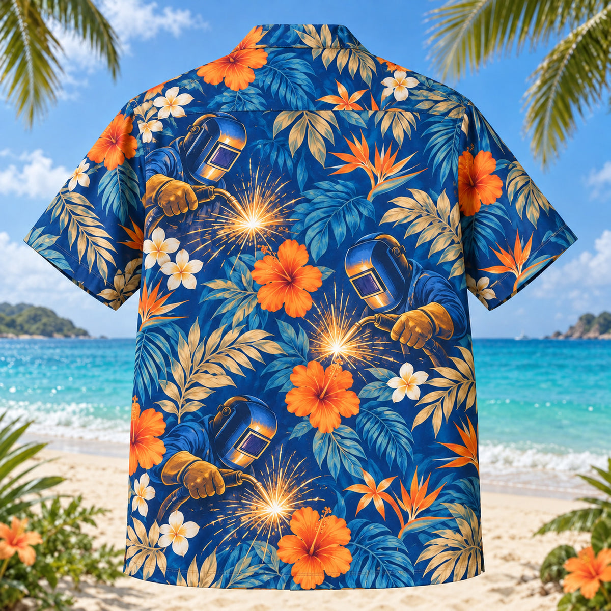 Back view of Torch Welder Hawaiian Shirt with matching artwork in cobalt, sand, orange