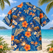 Back view of Torch Welder Hawaiian Shirt with matching artwork in cobalt, sand, orange