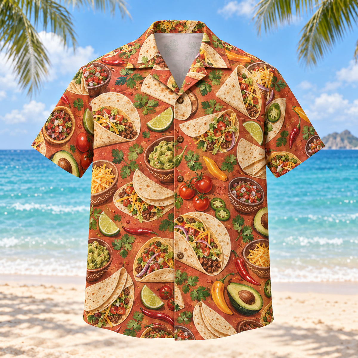Front view of Tortilla Table Taco Hawaiian Shirt with folded tortillas, taco ingredients and herb sprigs in a warm tabletop-inspired composition