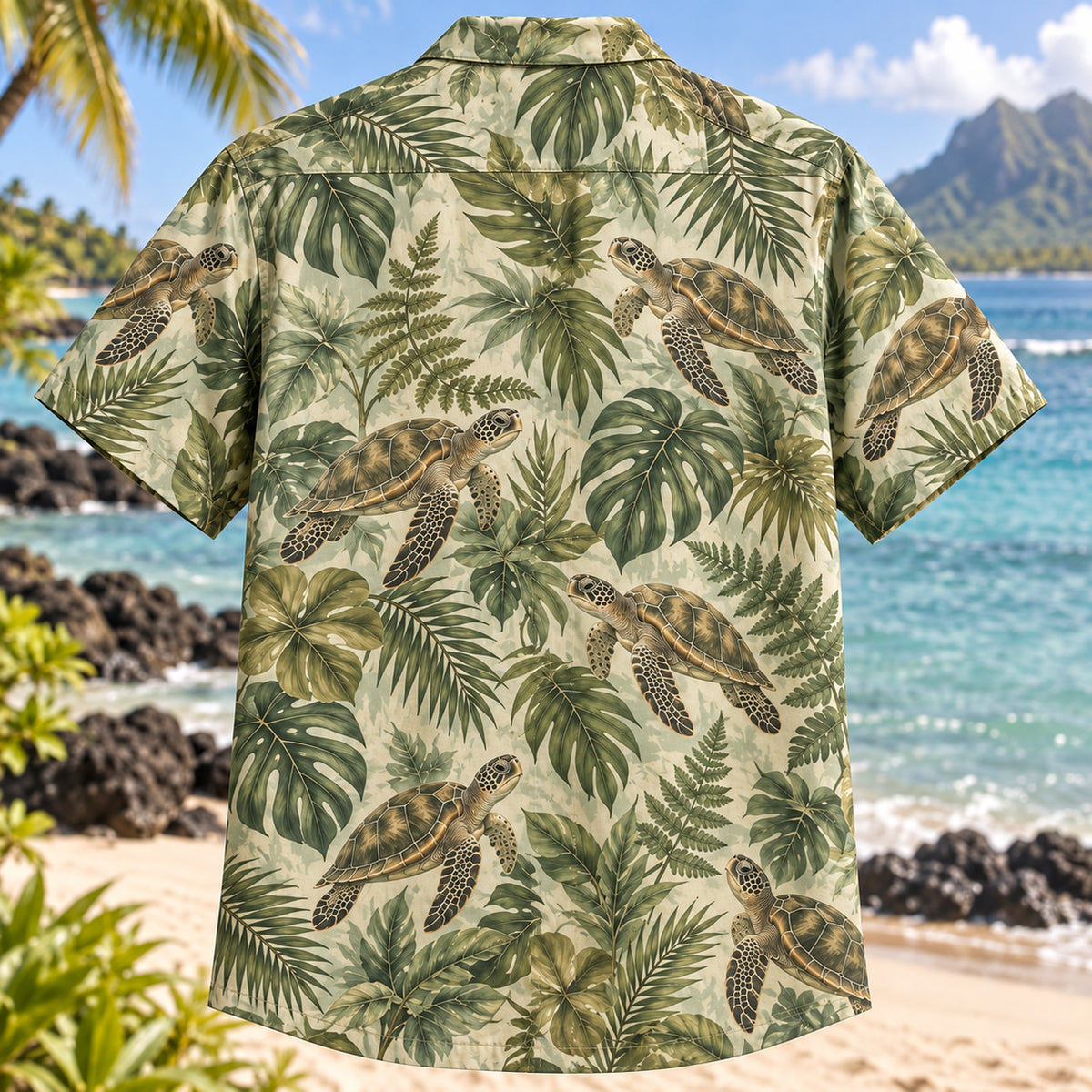 Back view of Tortoise Fern Reptile Hawaiian Shirt with matching artwork in olive, mint, tan
