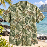 Front view of Tortoise Fern Reptile Hawaiian Shirt with tortoises among ferns and tropical leaves