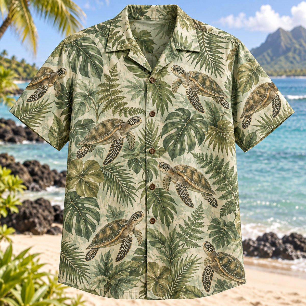 Front view of Tortoise Fern Reptile Hawaiian Shirt with tortoises among ferns and tropical leaves