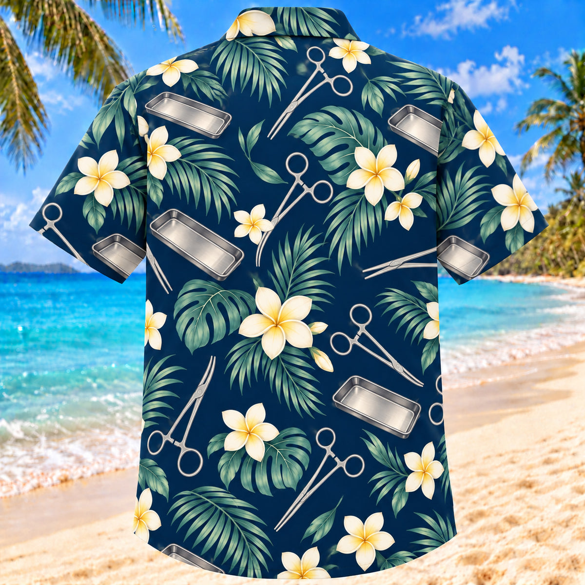 Back view of Tray And Bloom Navy Cream Surgical Technologist Hawaiian Shirt with matching artwork in navy, warm ivory, pale seafoam