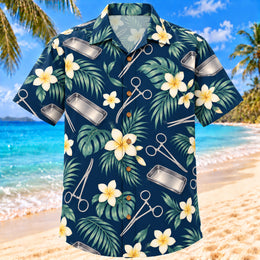 Tray And Bloom Navy Cream Surgical Technologist Hawaiian Shirt