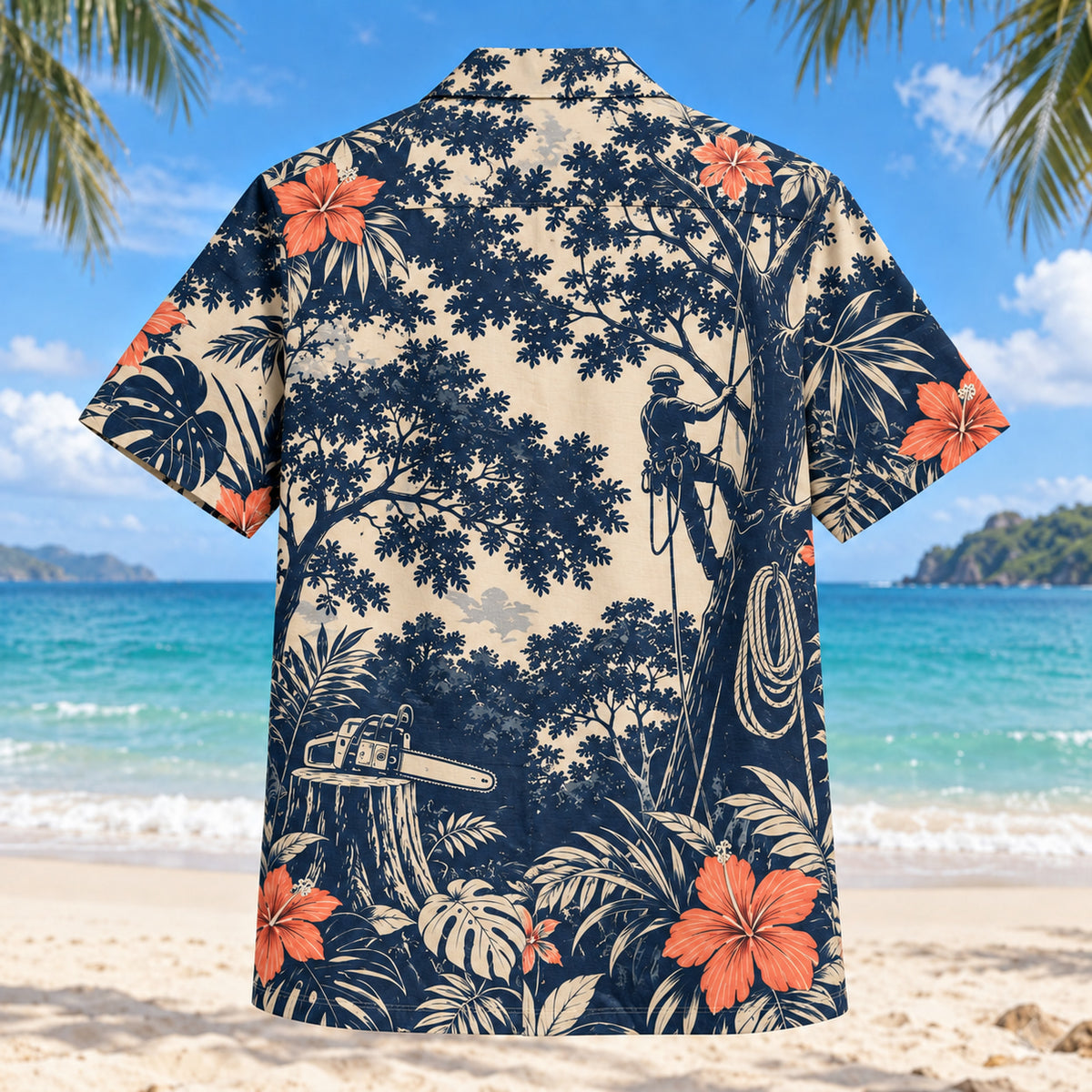 Back view of Tree Canopy Arborist Hawaiian Shirt with matching artwork in navy, cream, coral